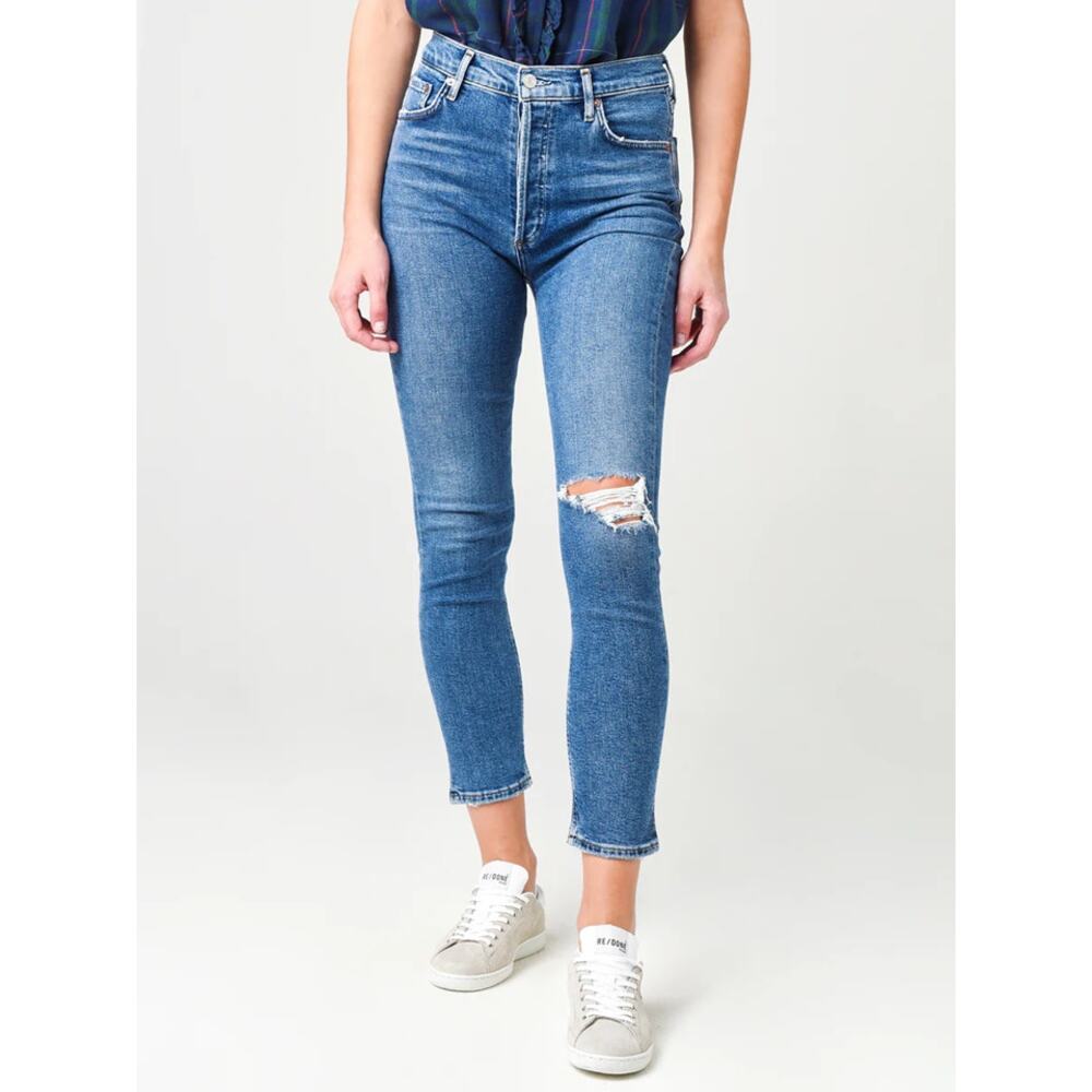 AGOLDE Nico High Rise Button-Fly Distressed Skinny Leg Cropped Jeans Blue 24